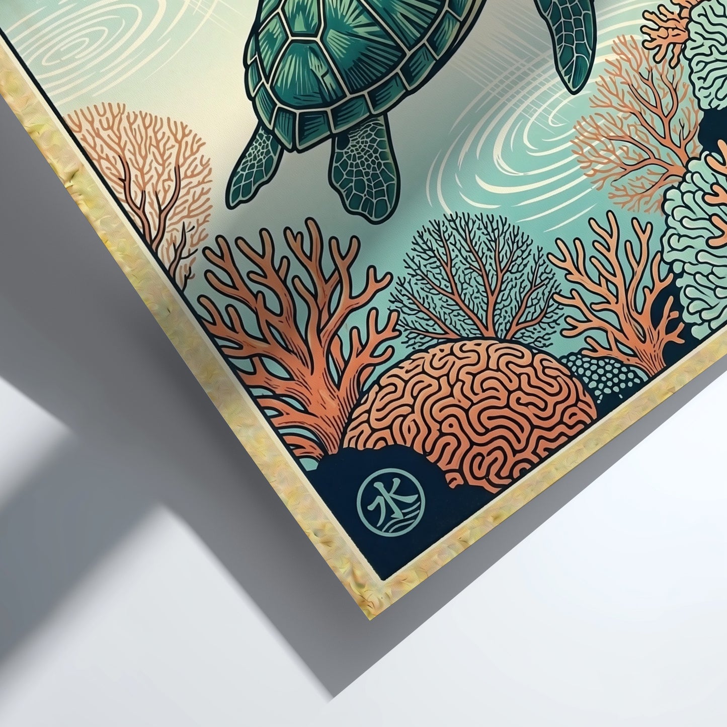 Japanese art style poster featuring a turtle swimming over coral reefs in vibrant colors