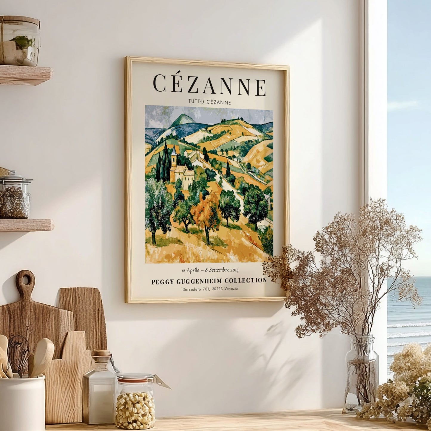 Cézanne exhibition poster featuring a vibrant landscape in green and gold tones