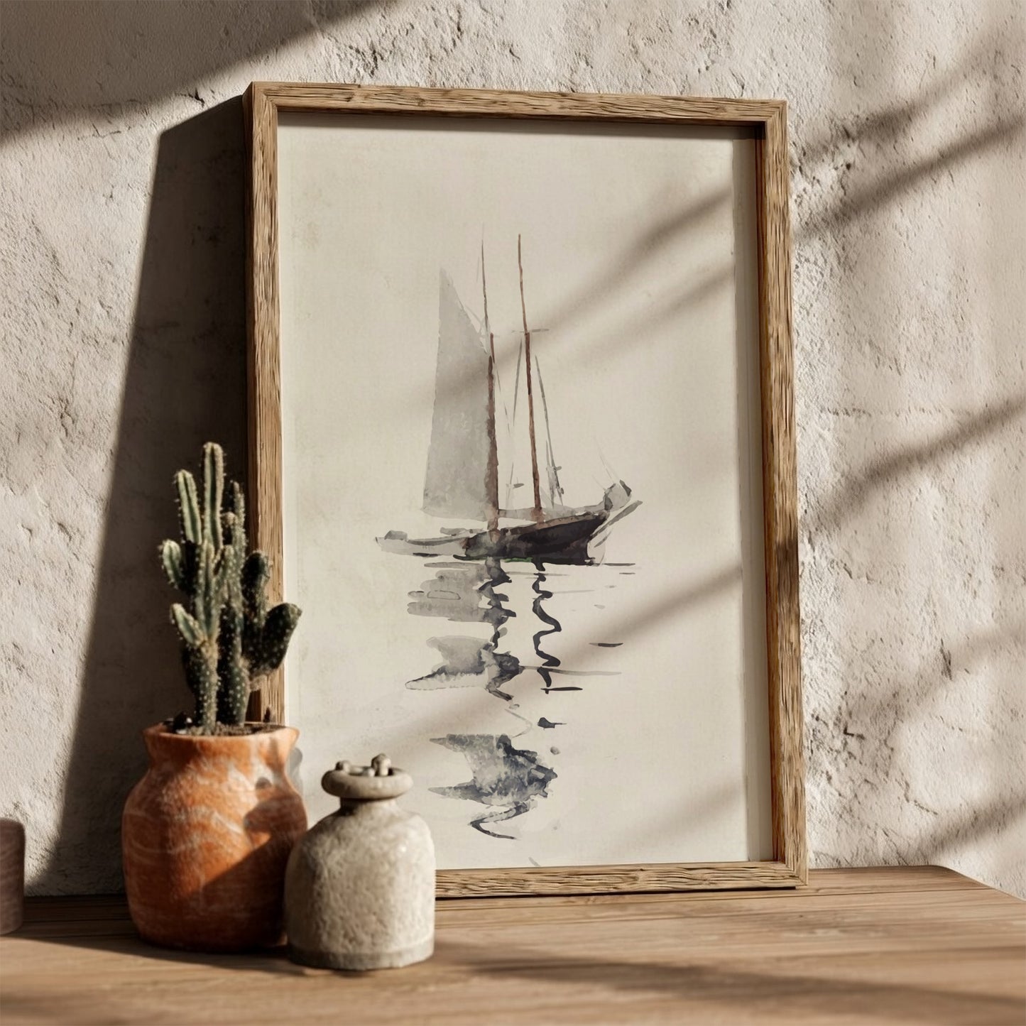 Watercolor poster of Winslow Homer's 'Two-masted Schooner with Dory' with its reflection.