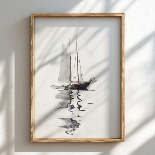 Watercolor poster of Winslow Homer's 'Two-masted Schooner with Dory' with its reflection.