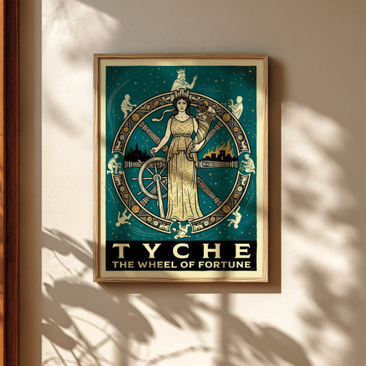 Vintage style poster of Tyche, the Greek goddess of fortune, at the center of a turning wheel, with celestial