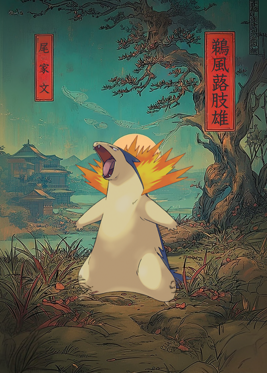 Typhlosion Pokemon in a traditional Japanese setting with trees and buildings.