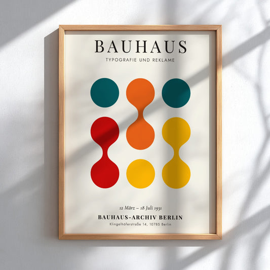 Bauhaus poster featuring vibrant colors and geometric shapes, ideal for wall decor.
