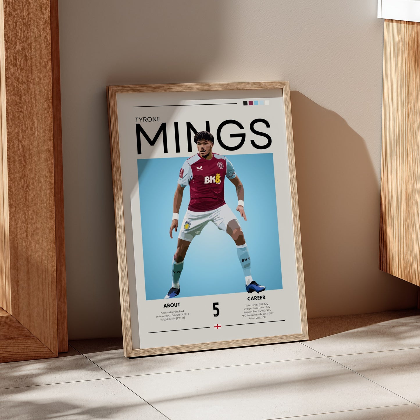Framed poster of a soccer player with 'Tyrone Mings' on a beige wall.