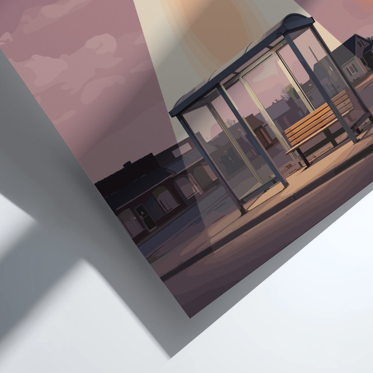 Poster featuring a glowing UFO beaming light onto an empty suburban bus stop bench.