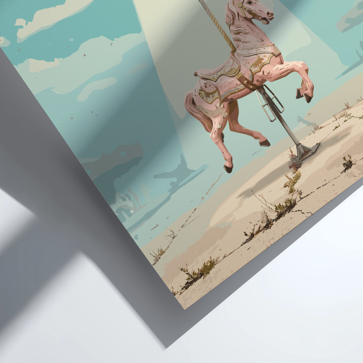 Poster featuring a vintage carousel horse being lifted by a glowing UFO saucer