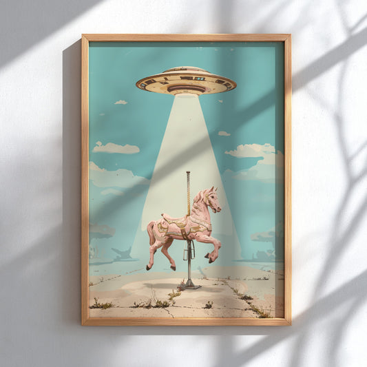Poster featuring a vintage carousel horse being lifted by a glowing UFO saucer