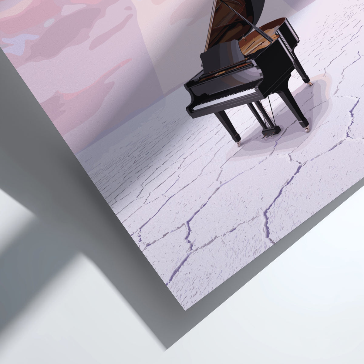 Poster featuring a grand piano being abducted by a UFO in a desert.