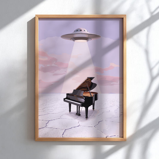 Poster featuring a grand piano being abducted by a UFO in a desert.