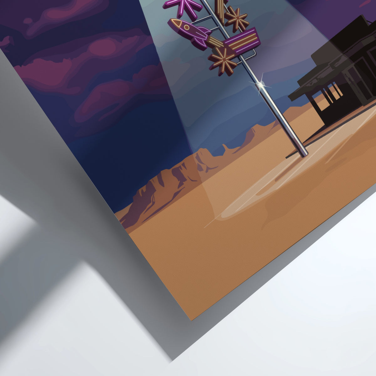 Poster featuring a glowing UFO beaming light onto a retro rocket diner sign