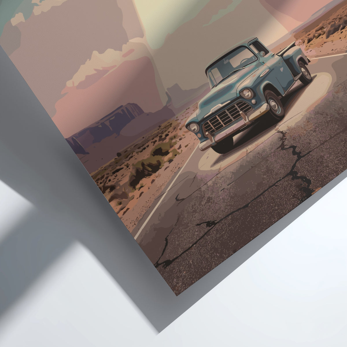 Poster featuring a vintage blue pickup truck under a glowing UFO desert highway
