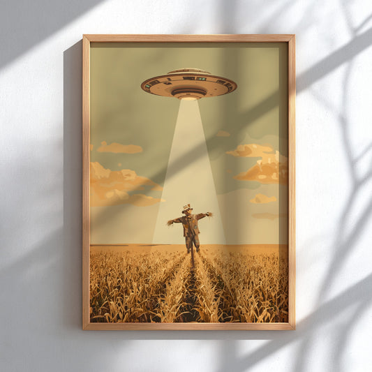 Poster featuring a UFO beaming light down onto a scarecrow in golden wheat.