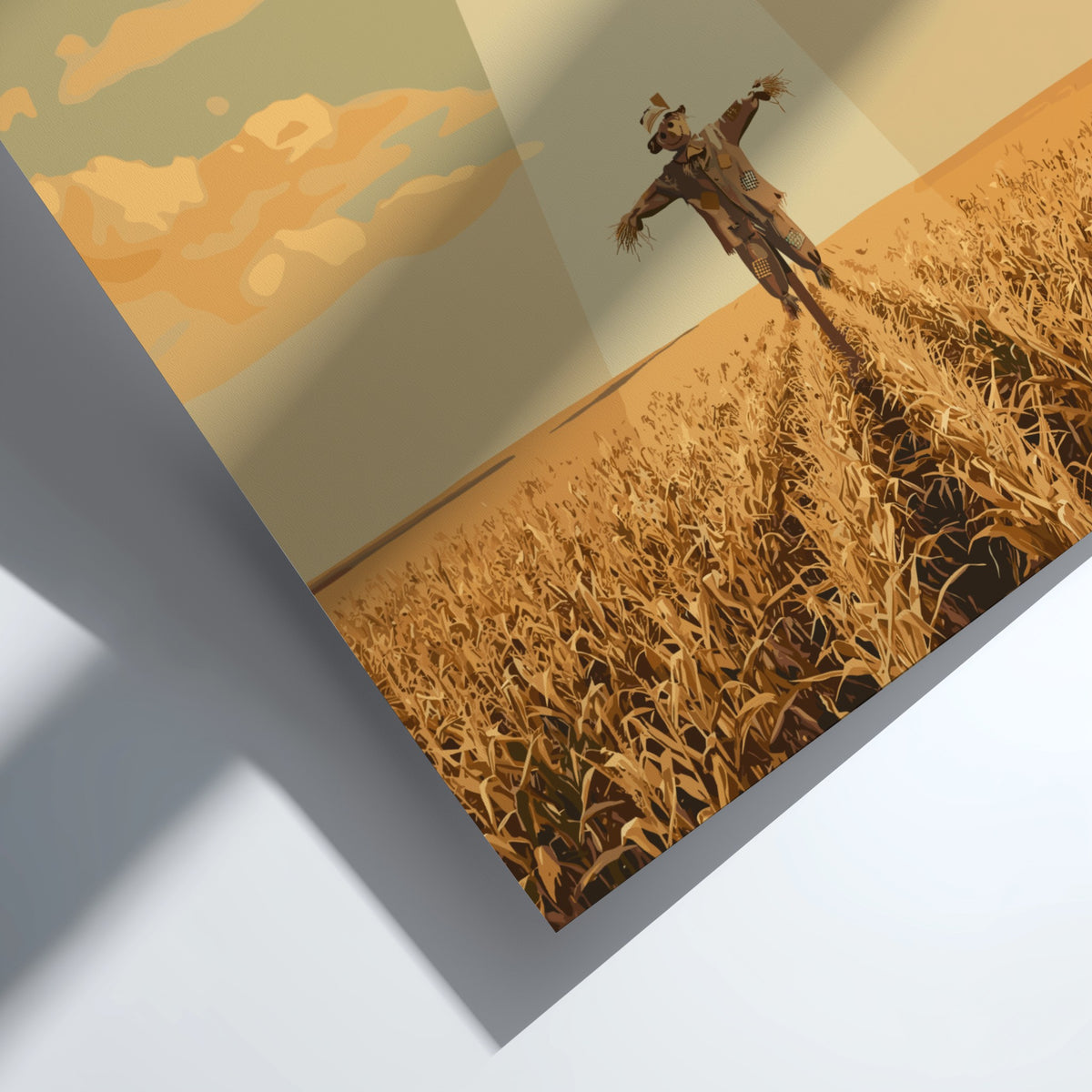 Poster featuring a UFO beaming light down onto a scarecrow in golden wheat.