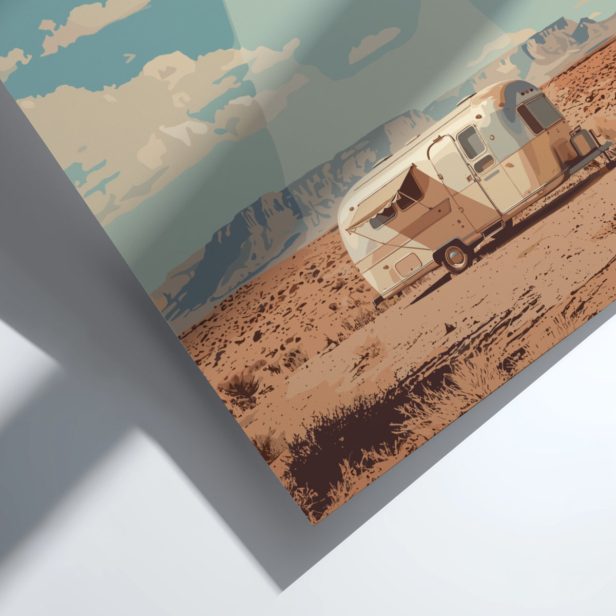 Poster featuring a vintage silver caravan in a desert being visited by UFO