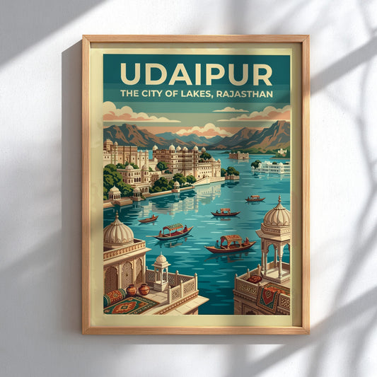 Travel poster of Udaipur featuring blue lakes, historic architecture, and mountains in Rajasthan.