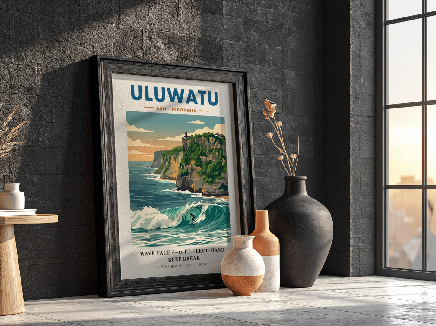Travel poster featuring the Uluwatu cliffs, a powerful surf break, and blue tones.