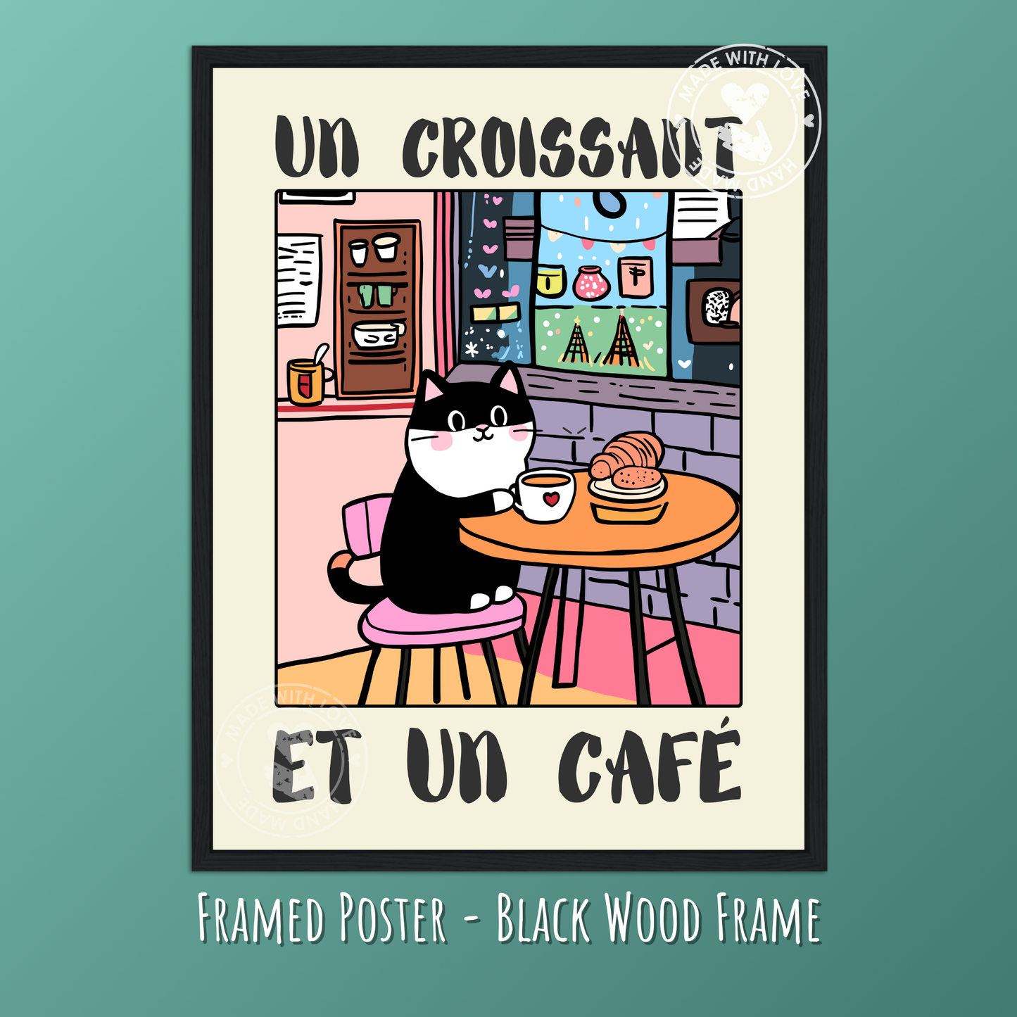 Un Croissant et Un Café – Funny Cat Poster, French Breakfast Art, Cute Kitchen Wall Decor, Quirky Feline Print, Vintage Bistro Illustration
