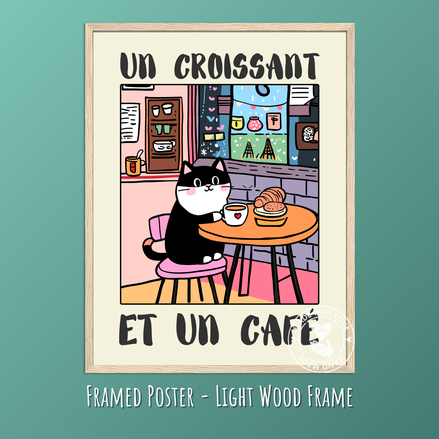 Un Croissant et Un Café – Funny Cat Poster, French Breakfast Art, Cute Kitchen Wall Decor, Quirky Feline Print, Vintage Bistro Illustration