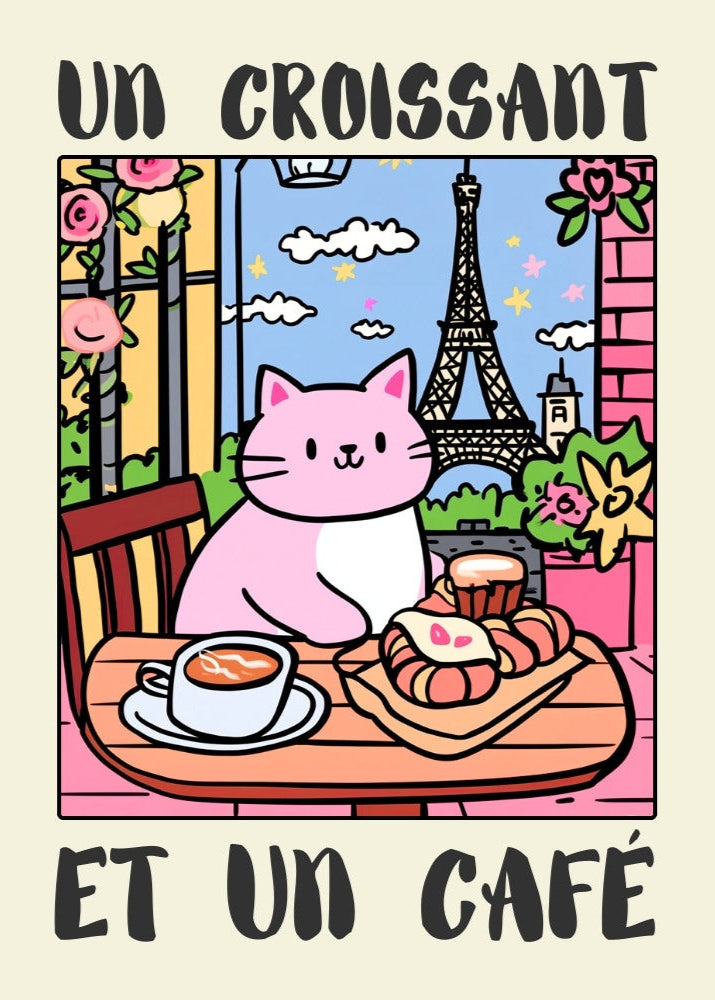 Parisian Kitchen Art, Cute French Café Decor, Quirky Feline Print, Eiffel Tower Illustration