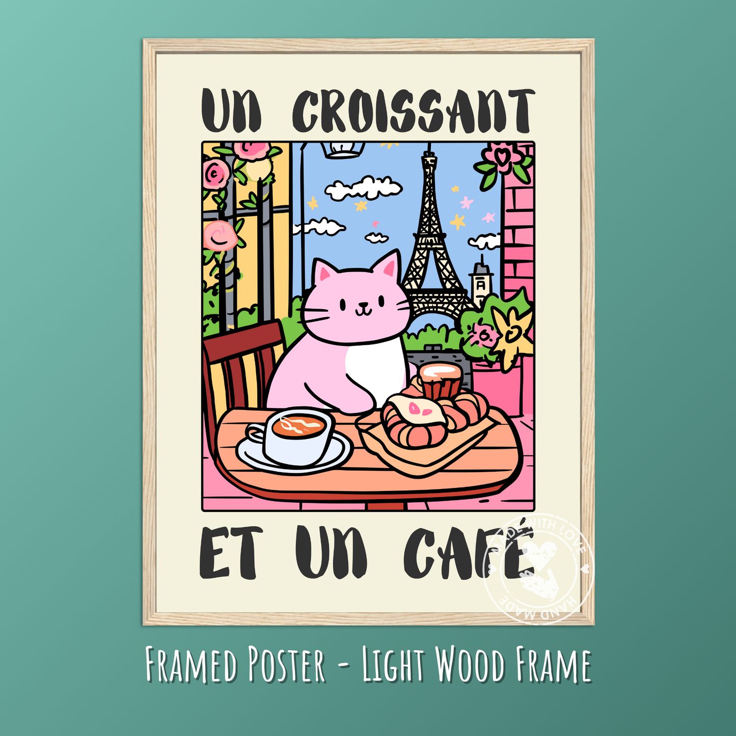 Parisian Kitchen Art, Cute French Café Decor, Quirky Feline Print, Eiffel Tower Illustration