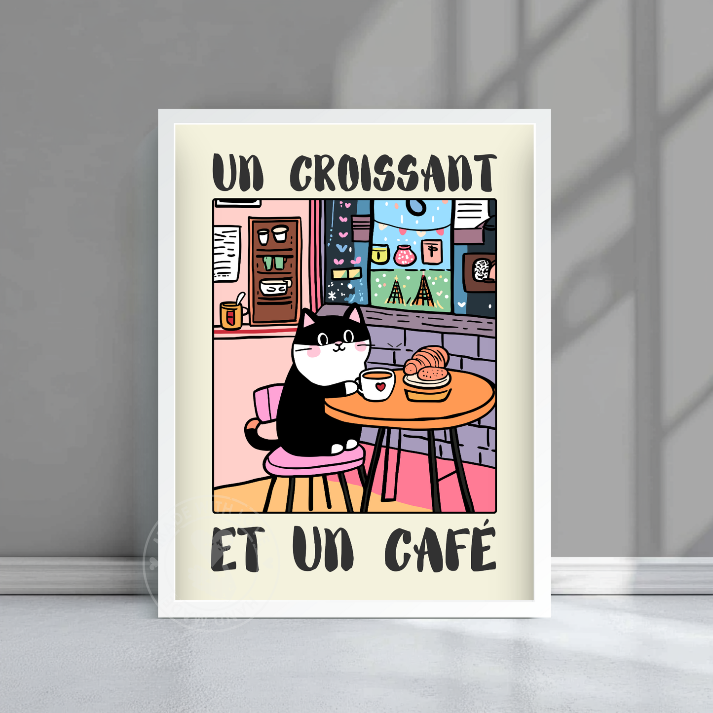 Funny Cat Poster, French Breakfast Art, Cute Kitchen Wall Decor, Vintage Bistro Illustration