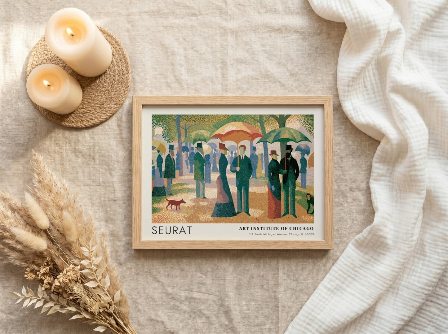 Wall art poster featuring Seurat Un Dimanche a la Grande Jatte in wood frame.