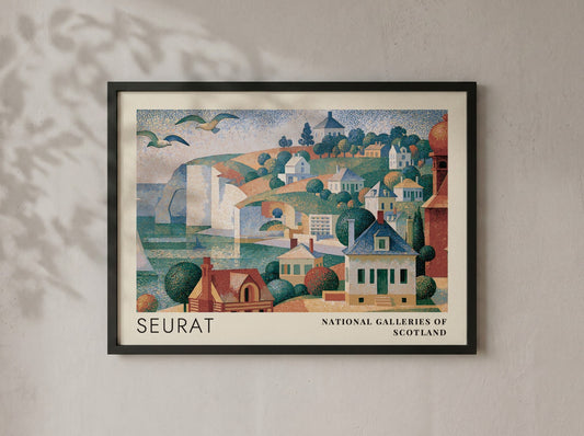 Wall art poster featuring Seurat's Grandcamp Evening landscape with coastal houses and cliffs