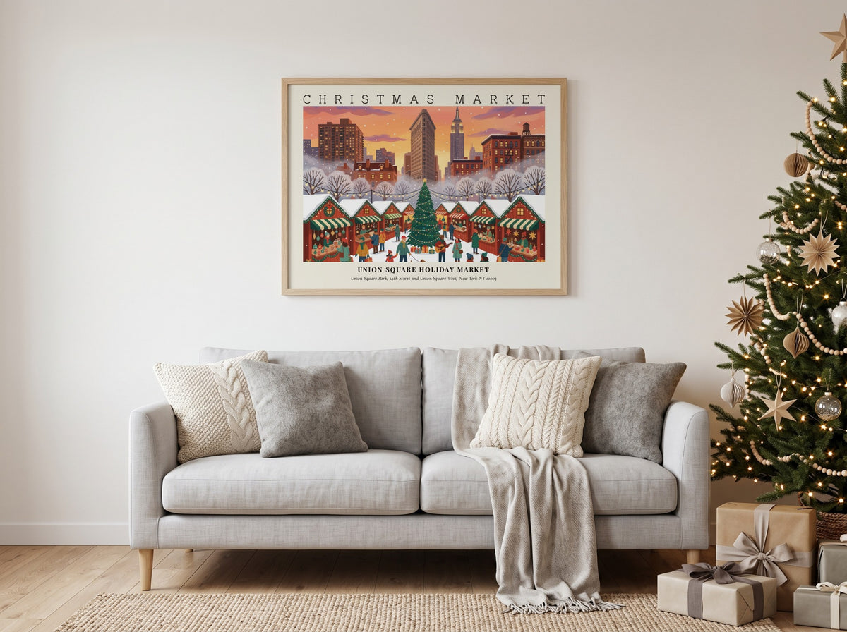 Poster of the Union Square Holiday Market in New York during a festive sunset.