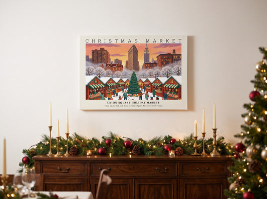 Poster of the Union Square Holiday Market in New York during a festive sunset.