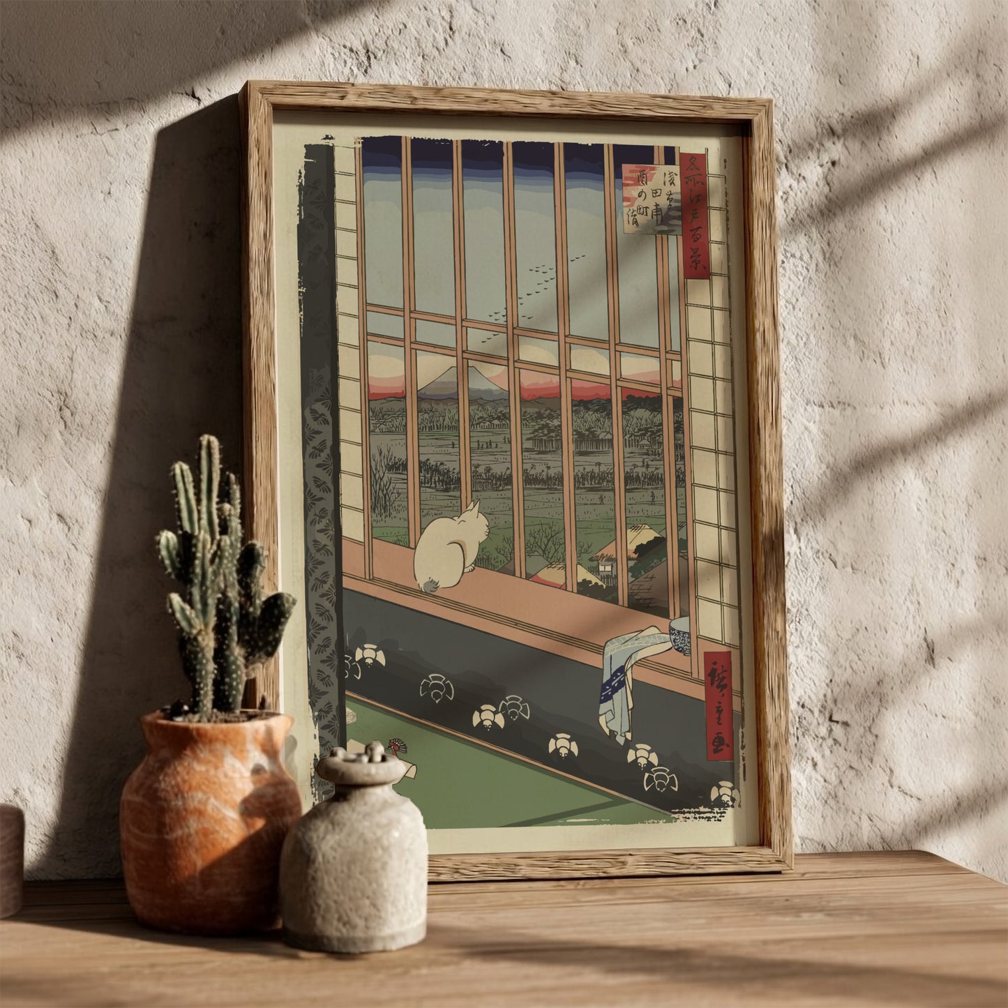 Famous art poster of a white cat looking out a window at Mount Fuji, Ukiyo-e style.