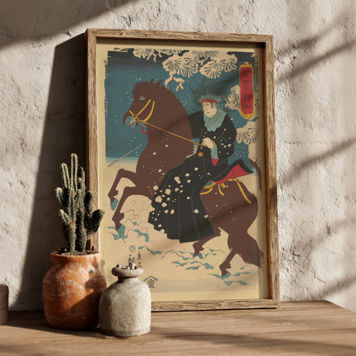 Vintage Japanese woodblock print poster of a Native American woman on a brown horse in the snow, by Utagawa