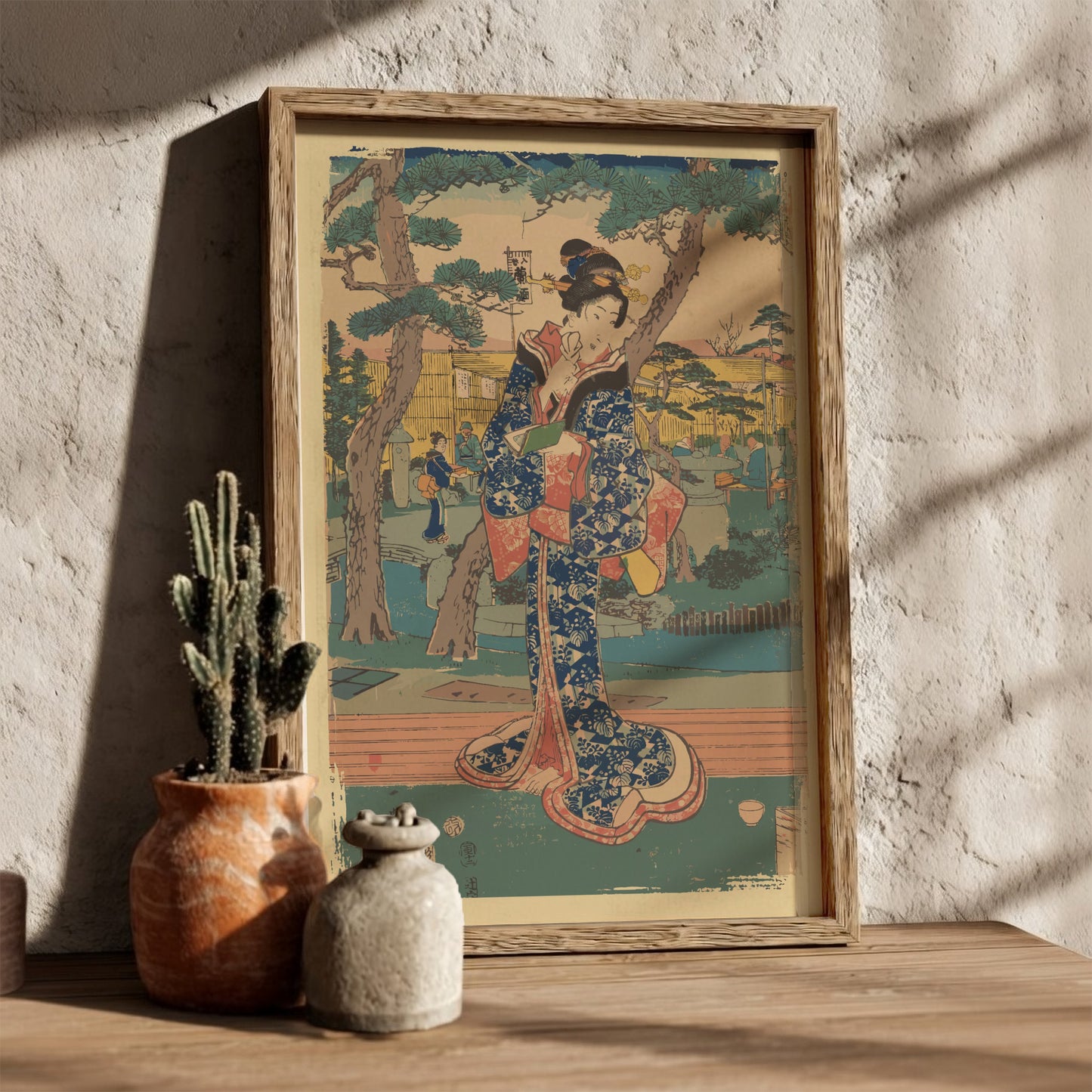 Famous art poster of a young Japanese girl in a blue kimono at a tea house garden, Ukiyo-e style.