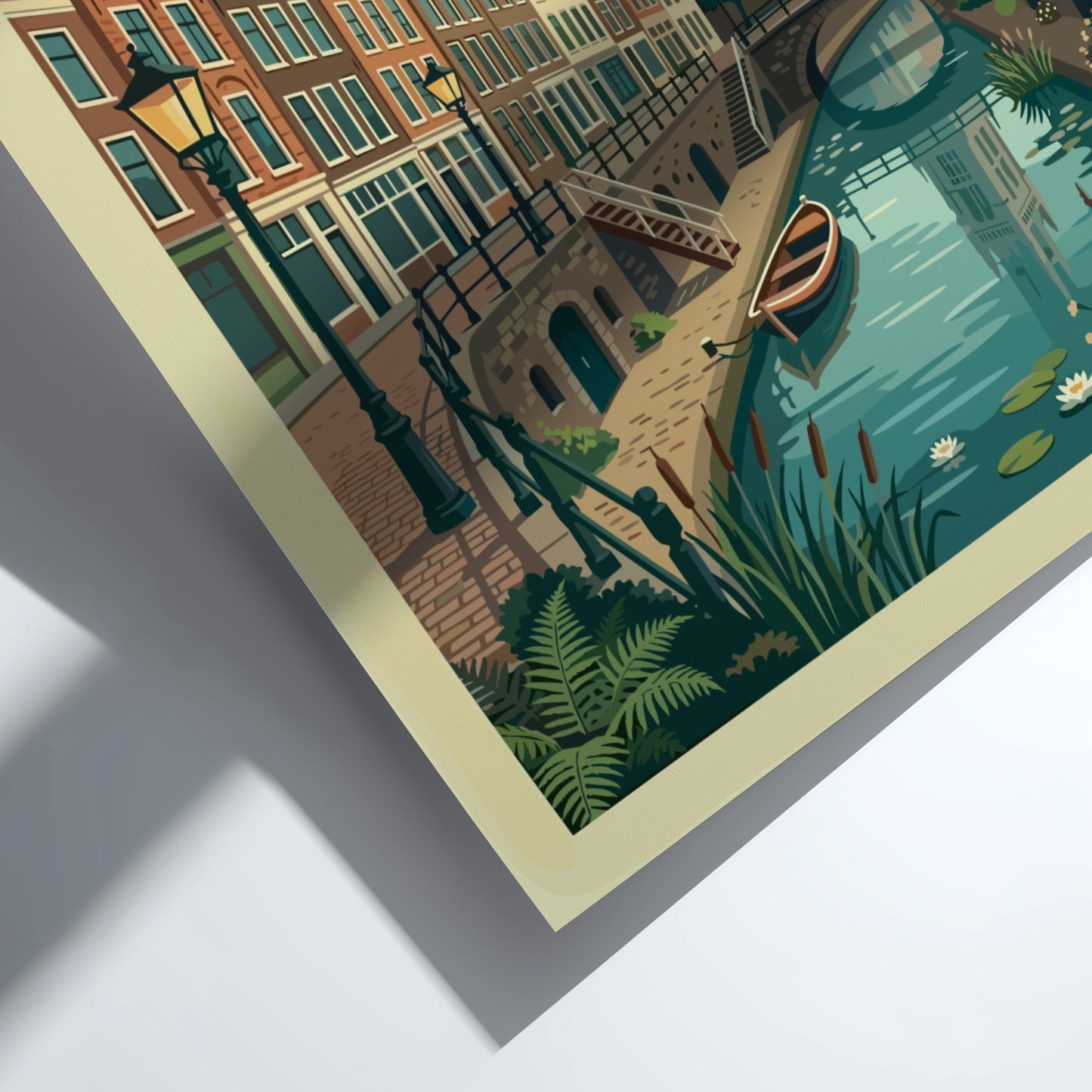 Utrecht canal travel poster with Dutch houses and Dom Tower, vintage style, muted colors.