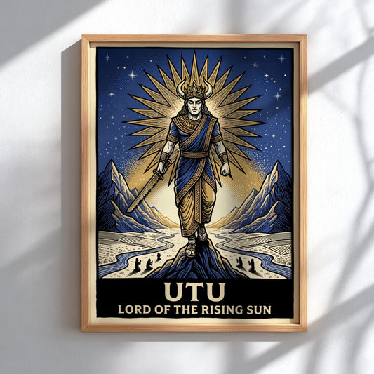 Poster featuring the Mesopotamian god Utu holding a serrated sword against golden sunbeams