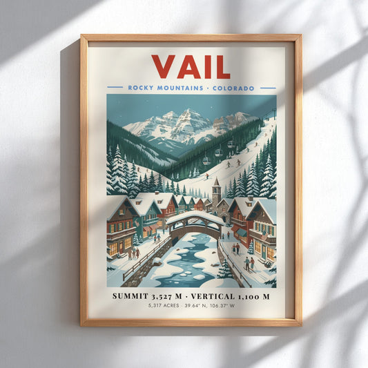 Vail ski resort poster featuring snow-covered mountains and cozy chalets in vintage style