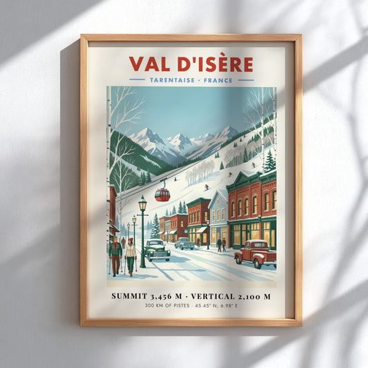Val d'Isère ski resort poster featuring vintage style, snowy mountains, and a charming village scene