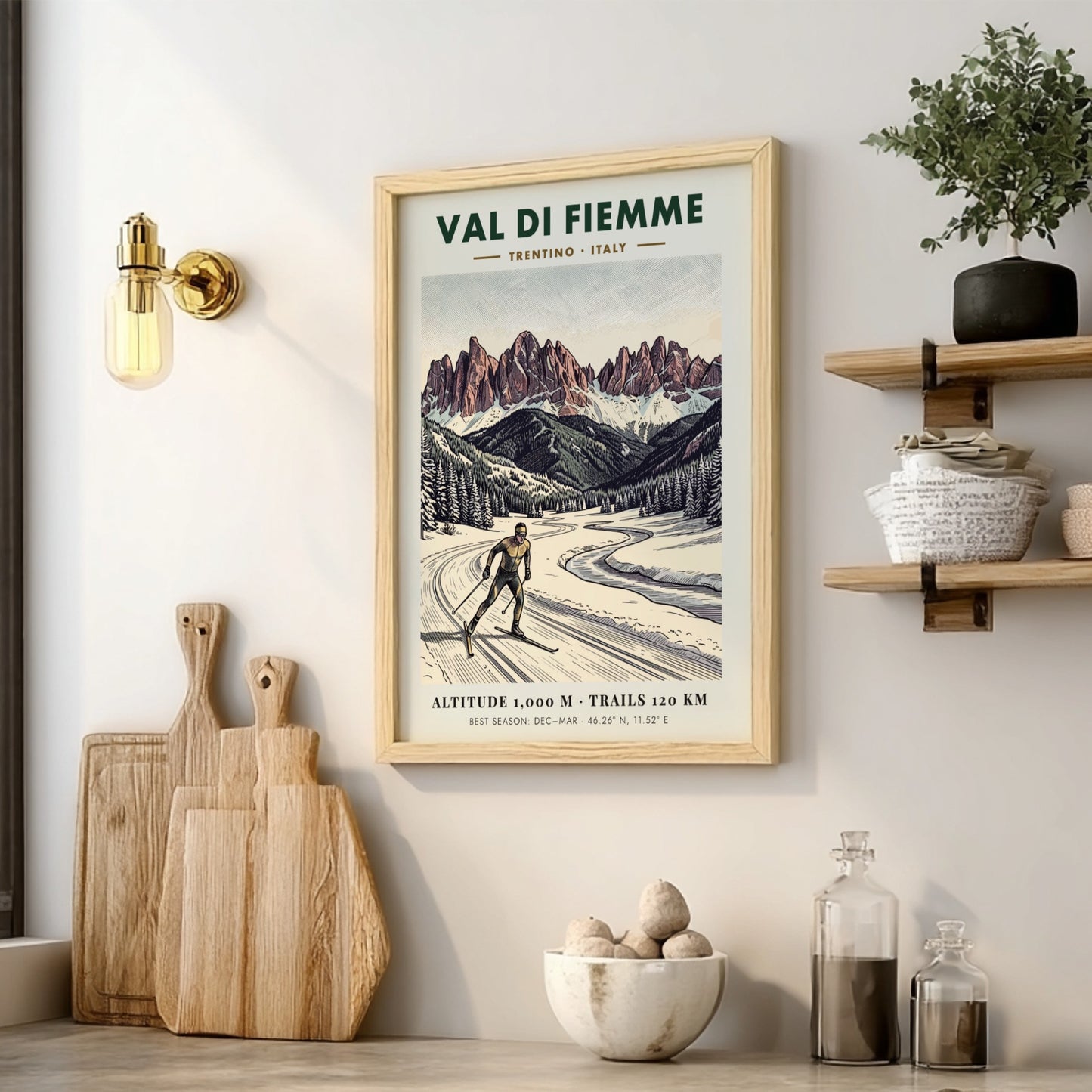 Poster of a cross-country skier in the Val Di Fiemme with snowy mountains.