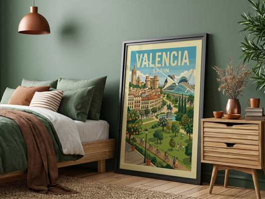 Valencia cityscape travel poster with historic buildings and modern architecture, in a warm, illustrative