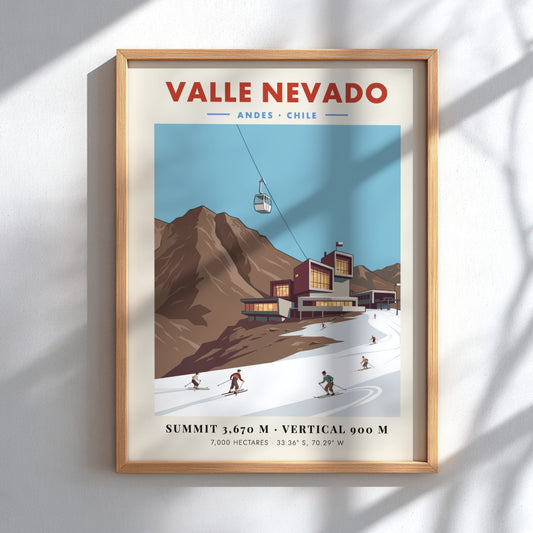 Valle Nevado ski resort poster featuring vintage style with mountains and skiers in warm colors
