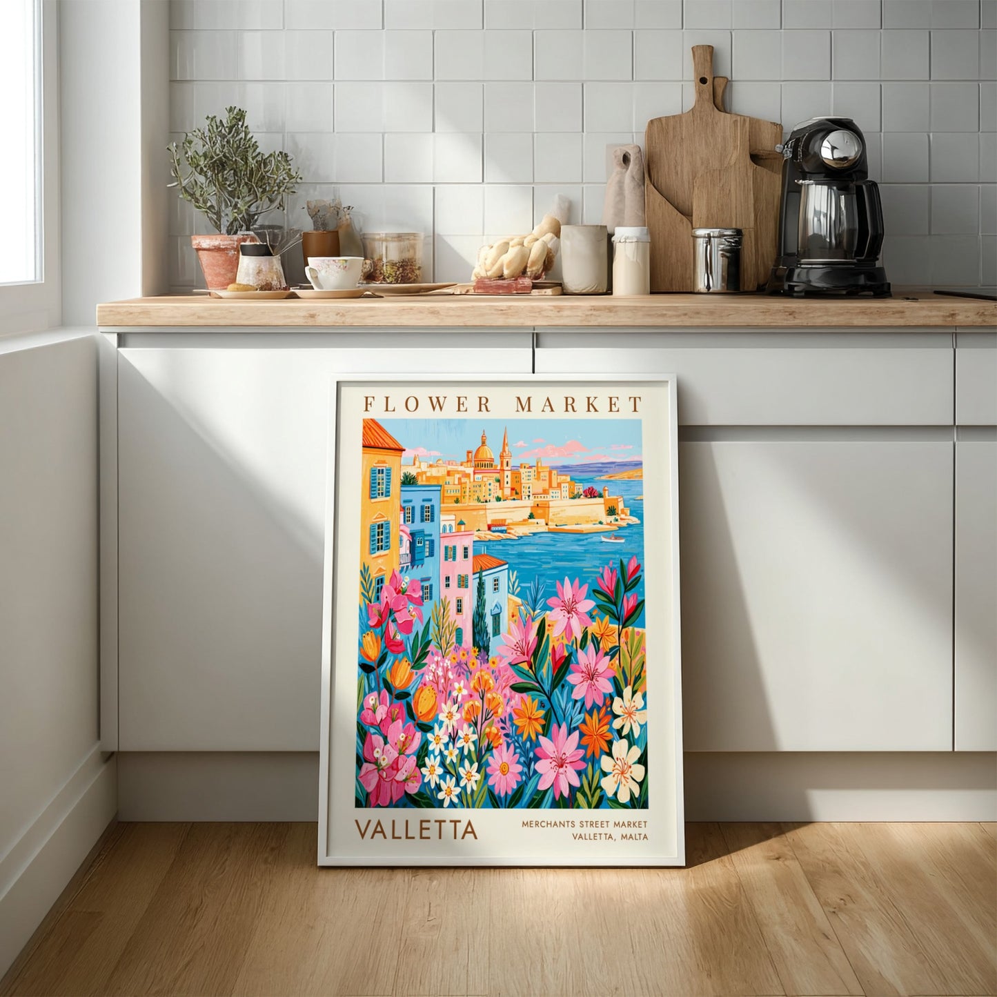 Vibrant travel poster featuring a flower market and Valletta cityscape in colorful style