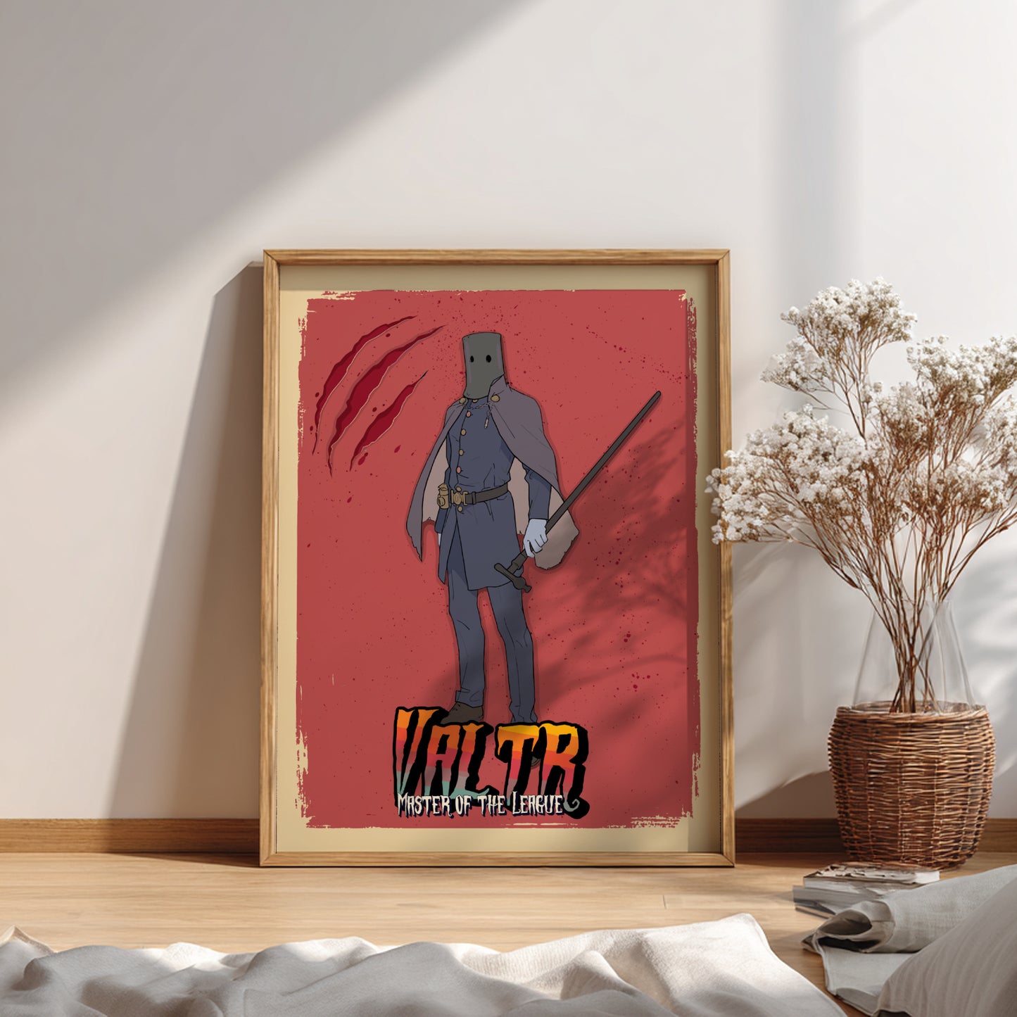 Framed poster of Valtr from Bloodborne on a red background.