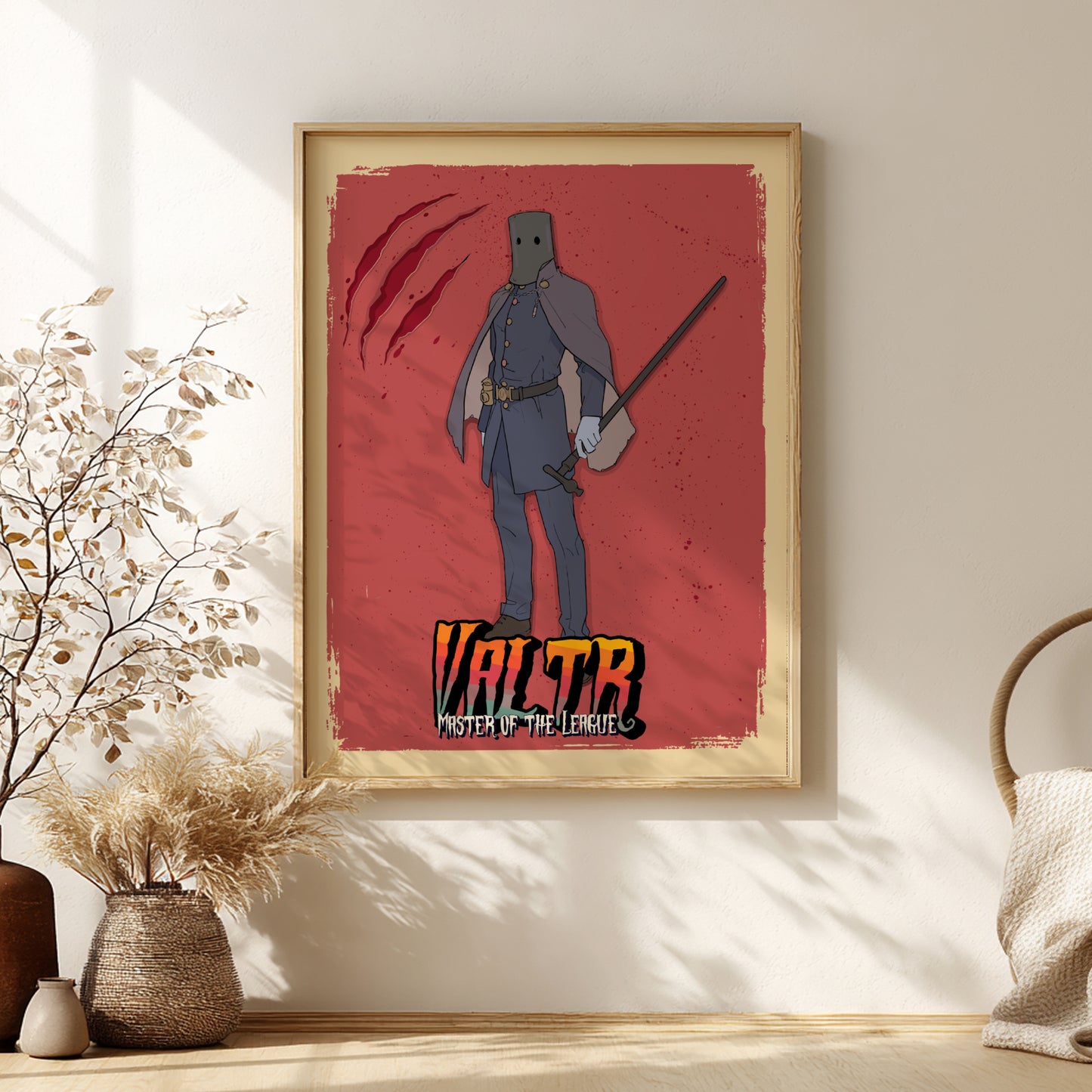 Framed artwork of Valtr from Bloodborne on a red background, placed on a wall with decorative elements.