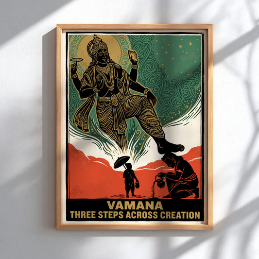 Poster displaying Vamana Three Steps Across Creation with traditional Hindu iconography in green ochre
