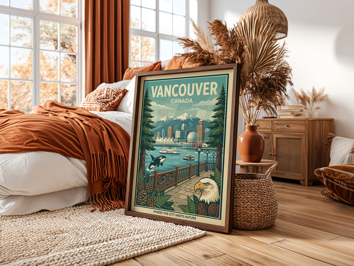 Retro Vancouver Canada travel poster with cityscape, mountains, orca, and bald eagle.