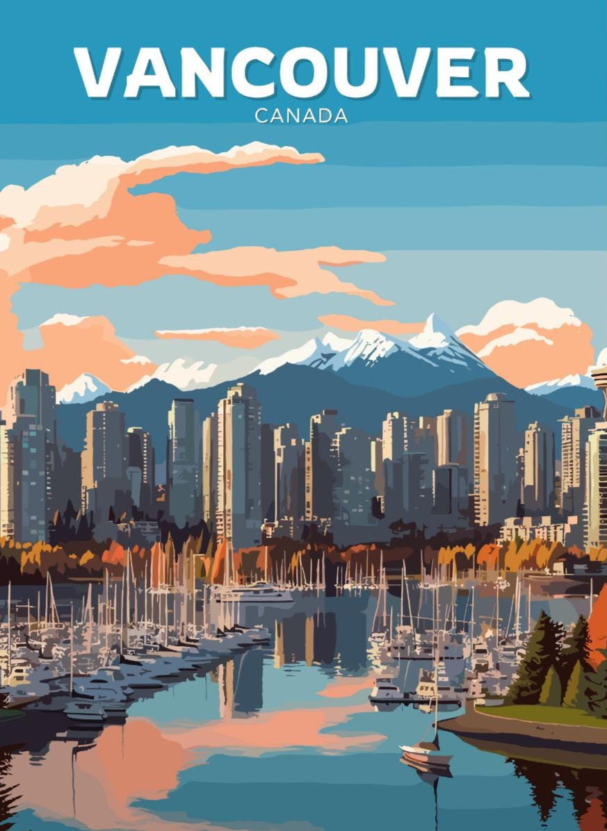 Vancouver Skyline Travel Poster, Vancouver Cityscape Wall Art, Vancouver Photo Print, Canada Artwork, Home Décor, Vancouver Poster