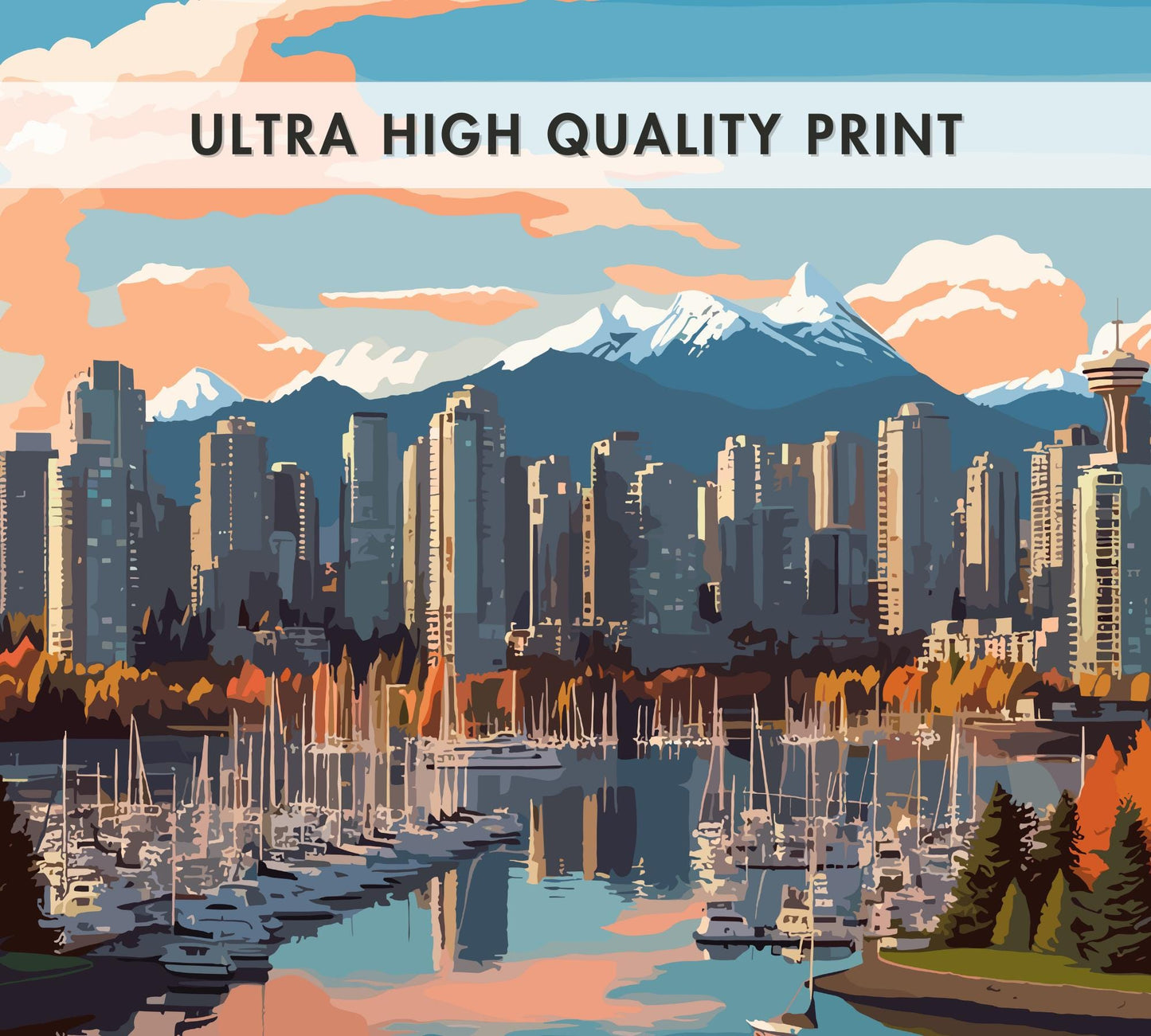 Vancouver Skyline Travel Poster, Vancouver Cityscape Wall Art, Vancouver Photo Print, Canada Artwork, Home Décor, Vancouver Poster