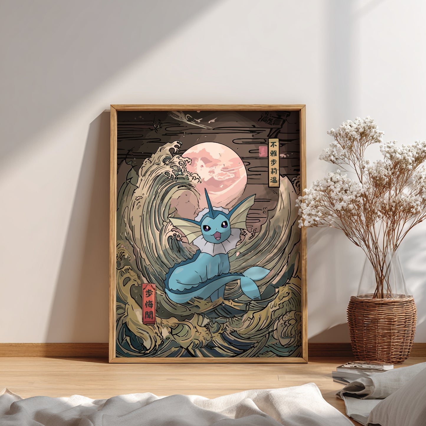 Framed artwork of Vaporeon Pokemon in a wave design on a wall.