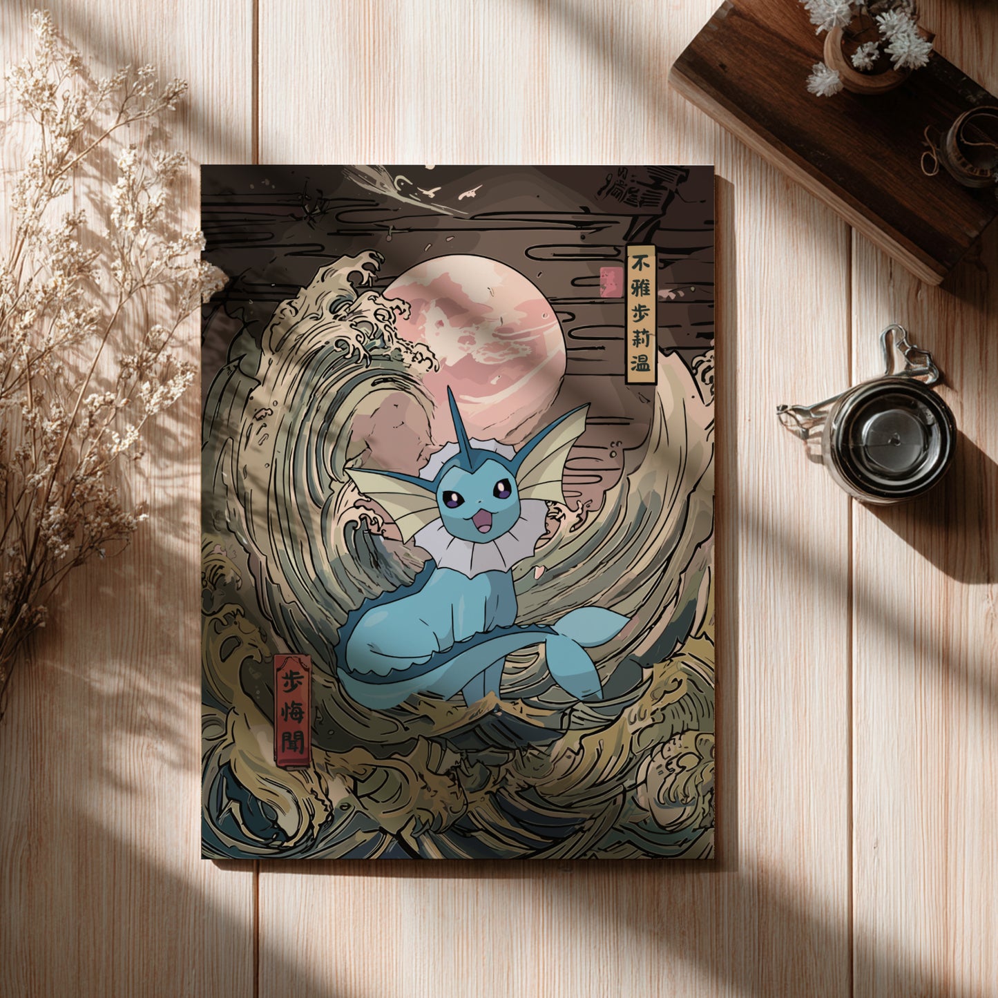 Vaporeon Pokemon on a wave with a pink moon in the background, placed on a wooden surface.