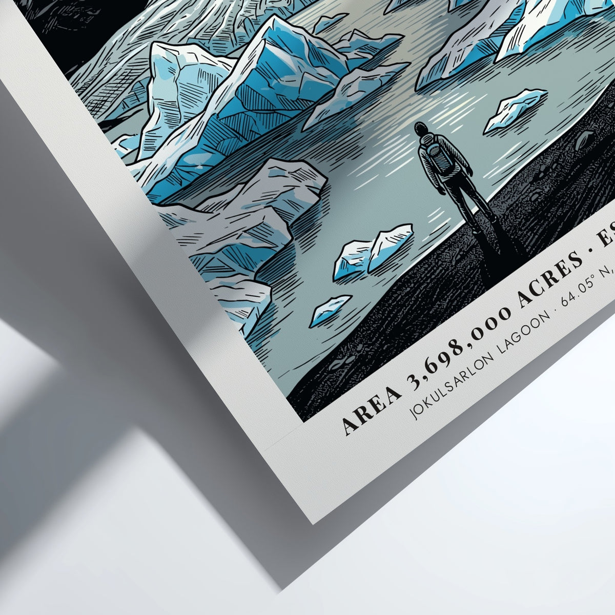 Poster of Vatnajokull National Park in Iceland featuring glaciers and a lone hiker.