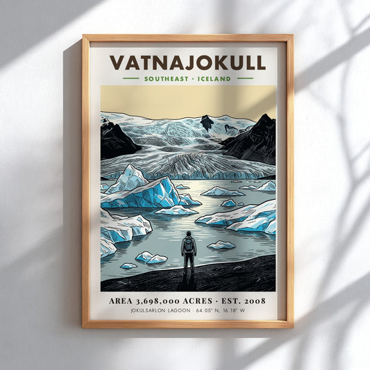 Poster of Vatnajokull National Park in Iceland featuring glaciers and a lone hiker.